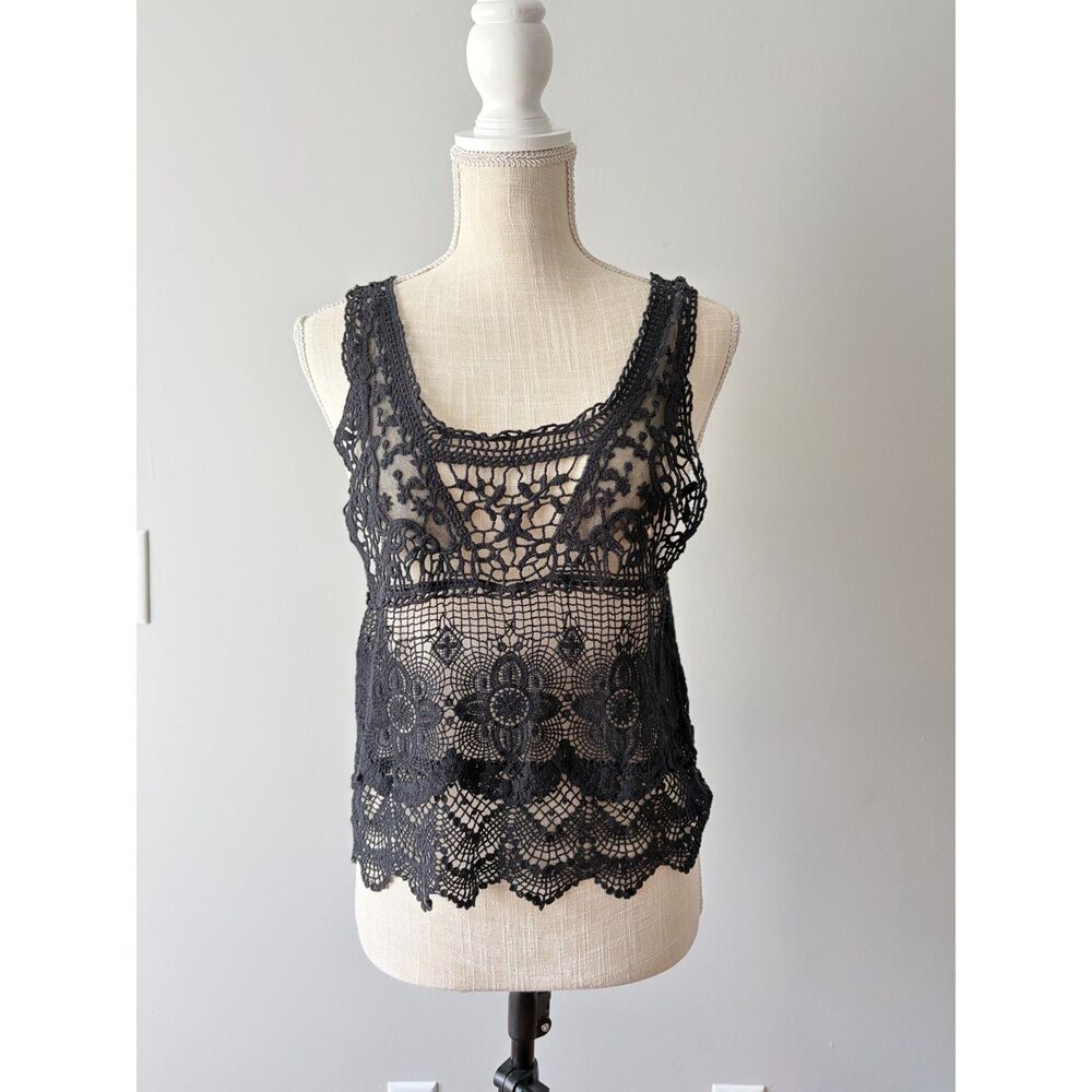 Holly Bracken Womens Black Crochet Lace Tank Top Small Boho Chic Festival Gothic
